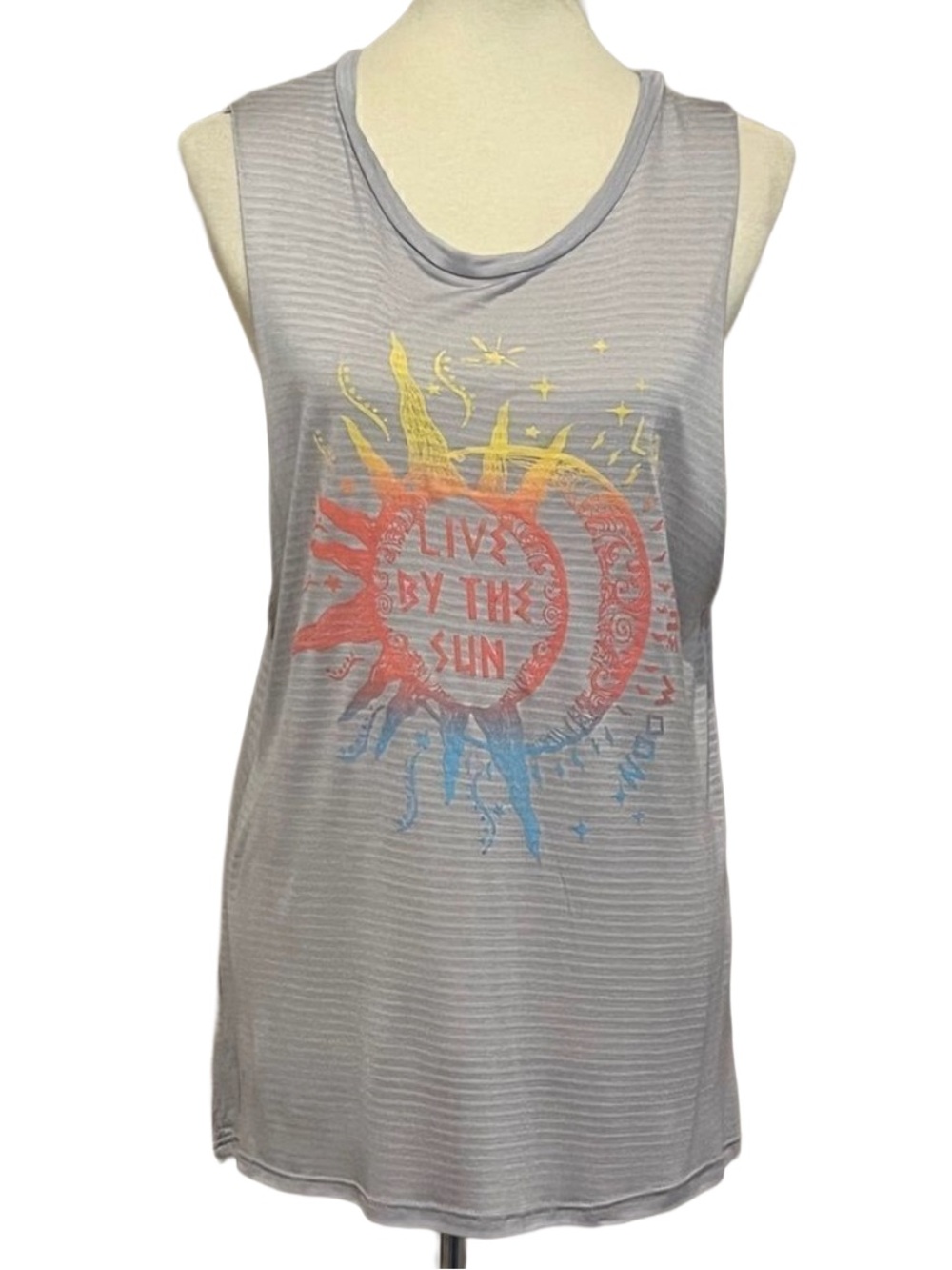 Promesa Celestial Sun Moon Graphic Muscle Tank Lightweight Stripe Large NWT USA